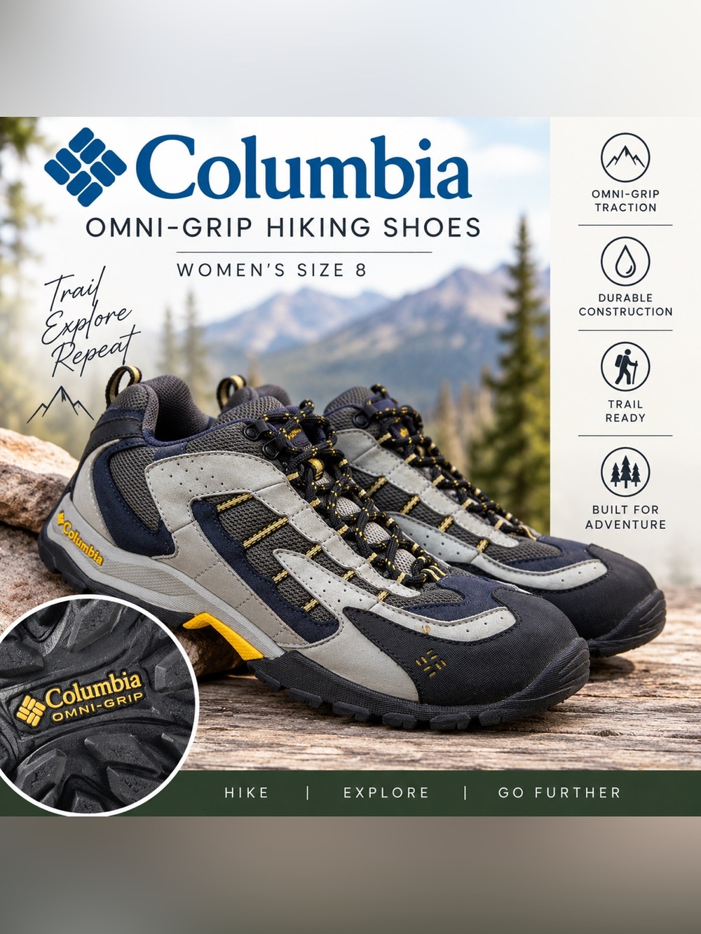 Columbia Omni-Grip Boorad Hiking Shoes Women’s Size 8 Gray Navy Yellow Trail